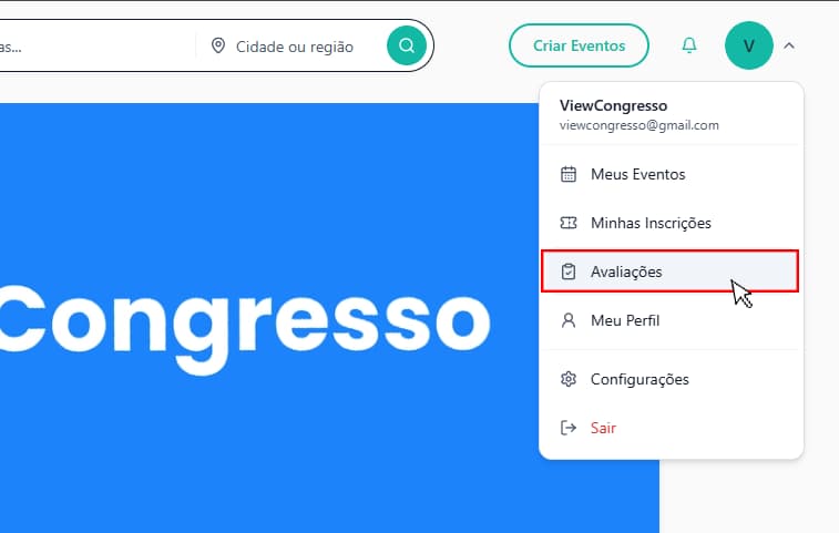 Menu da conta aberto, com o item Avaliações em destaque.