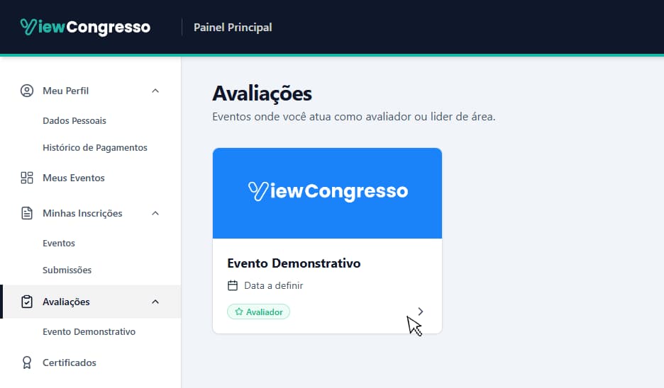Lista de eventos, com um cartão marcado como Avaliador.